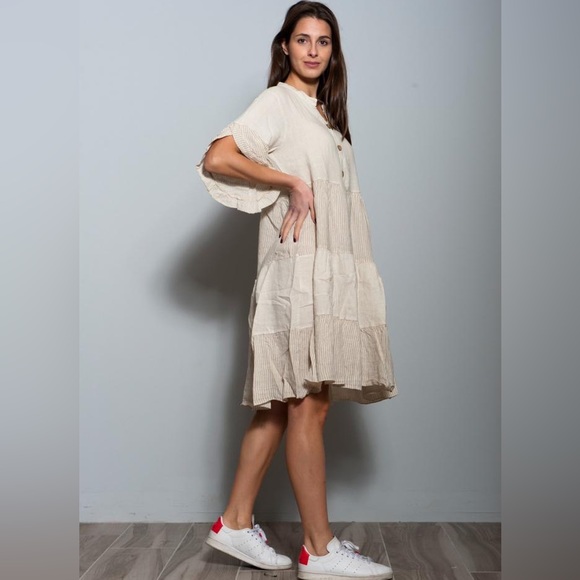 NWT Flowy Knee-Length Linen Striped Dress in Natural - Picture 2 of 3